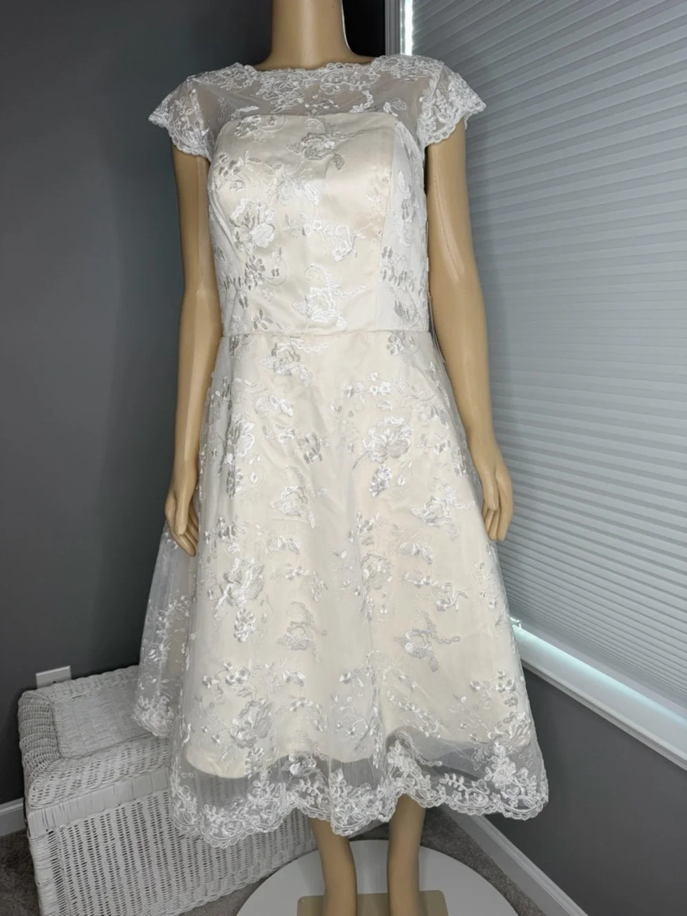 Cap-Sleeve Lace Tea-Length Wedding Dress in Ivory - Picture 1 of 7